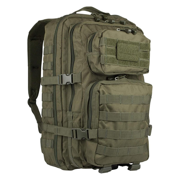 36L olive green MIL-TEC U.S. assault backpack with multiple compartments, MOLLE attachments, and padded shoulder straps for hiking.