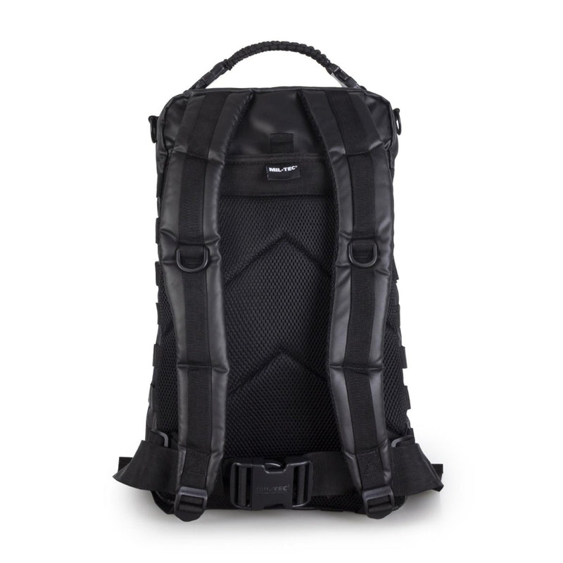 Back view of MIL-TEC U.S. Assault Ranger 36L tactical backpack with padded straps and PVC coated black material