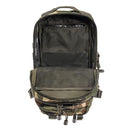 Open MIL-TEC U.S. Assault tactical backpack in woodland camo showing interior compartments and mesh pocket.