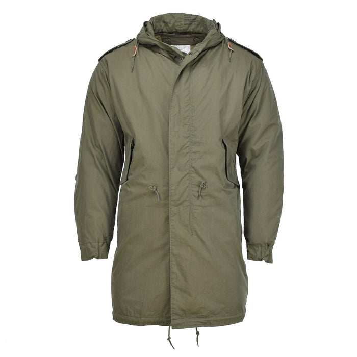 Olive green MIL-TEC M51 military style hooded parka, heavy-duty fabric, quilted detachable liner for versatile outdoor wear