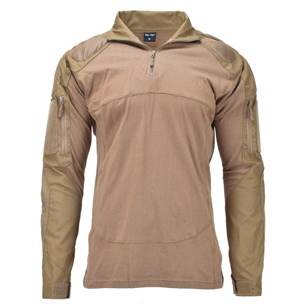 Mil-Tec military-style tactical combat shirt in dark coyote with padded shoulders and zippered arm pockets.