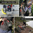 Portable Nordic pocket saw with orange handles cutting wood, shown with carrying case and outdoor hiking use scenarios.