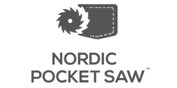 Minimalist logo of Nordic Pocket Saw featuring a stylized circular saw blade and log icon with bold uppercase text below