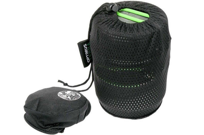 Optimus Crux Weekender HE compact gas stove and cookware set packed in black mesh carrying bags for camping and hiking.