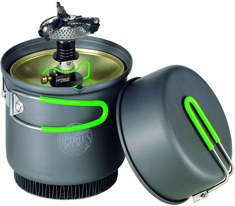 Compact Optimus Crux Weekender HE camping gas stove with foldable burner and lightweight cookware for efficient outdoor cooking.