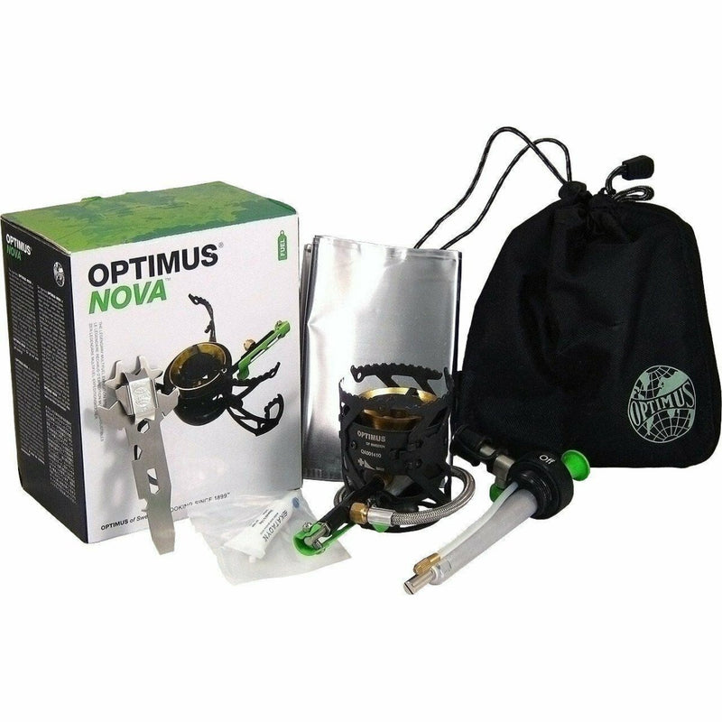 Compact Optimus Nova multi-fuel stove with pot, fuel bottle, and carrying pouch for lightweight outdoor cooking.