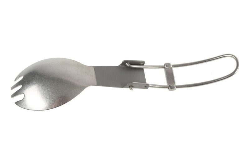 Folding titanium spork for hiking and camping, lightweight and durable outdoor eating utensil.
