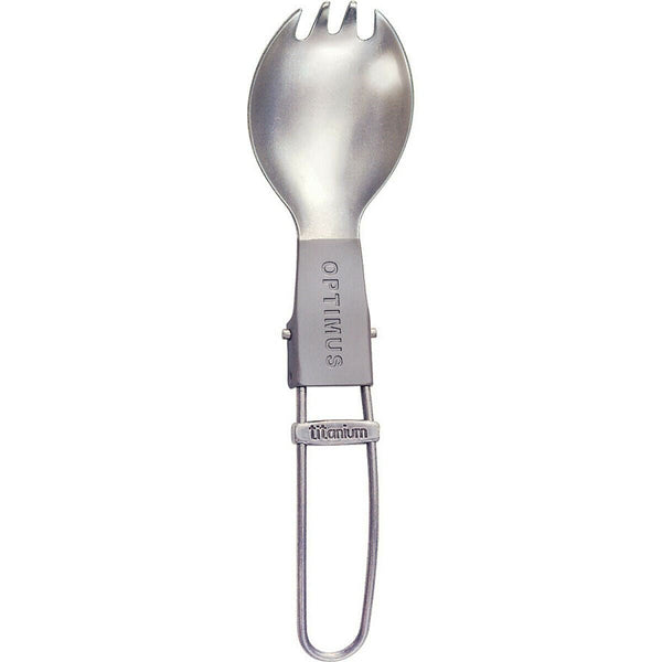 Folded titanium spork combining fork and spoon, lightweight and durable for hiking and camping use.