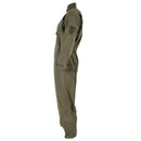 Side view of original olive green Austrian army ripstop coverall jumpsuit with multiple pockets and adjustable cuffs.