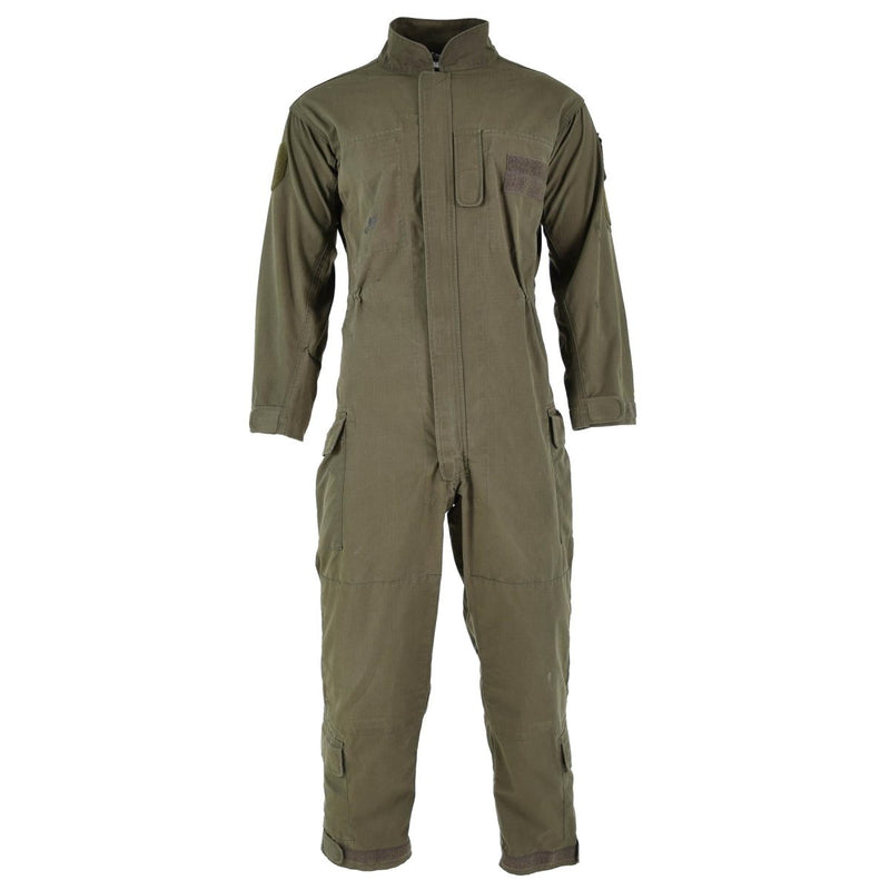 Original Austrian Army olive green ripstop jumpsuit coverall with adjustable waist and hook and loop cuffs for durability.