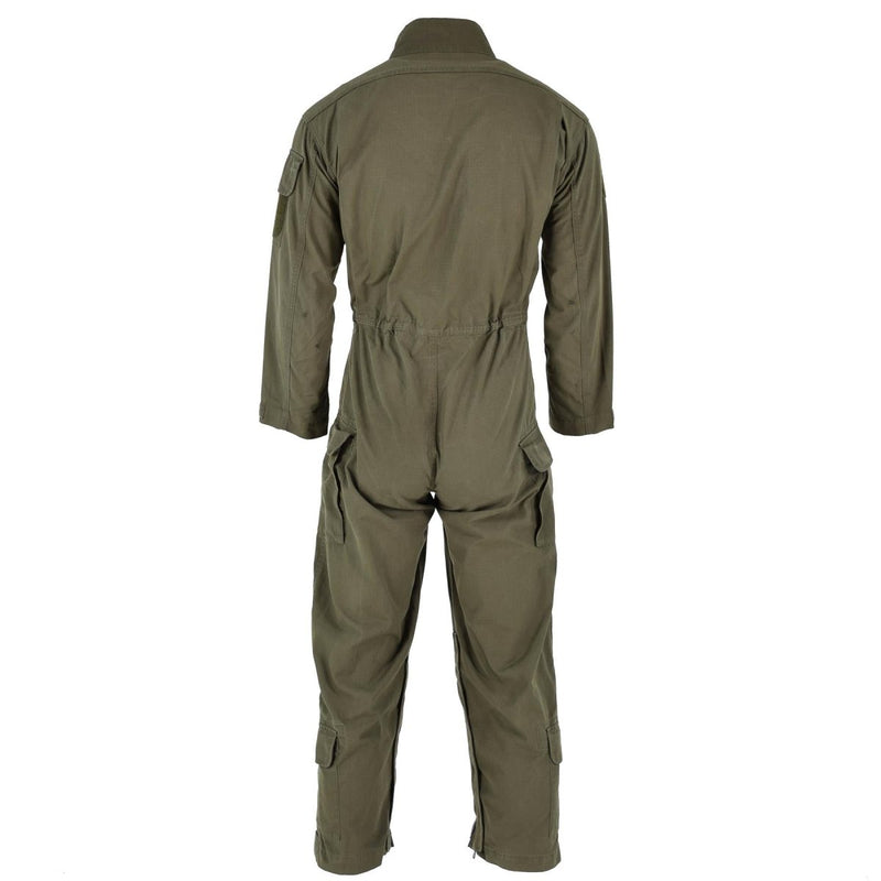 Back view of original Austrian army olive green ripstop coverall jumpsuit with adjustable waist and multiple pockets