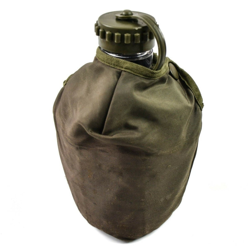 Original Austrian Army military water flask with durable plastic bottle and olive green nylon pouch for outdoor use.