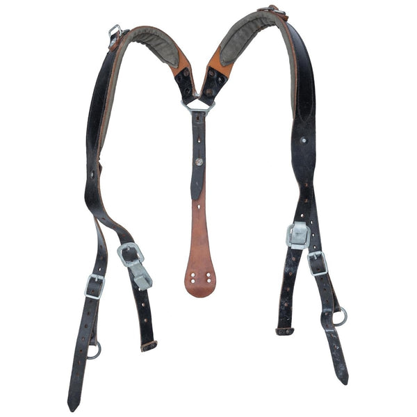 Original Austrian Army vintage Y-Strap braces made of durable black leather with metal clips and adjustable straps