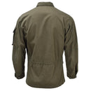 Back view of original Austrian military olive green field jacket with adjustable waist and buttoned cuffs