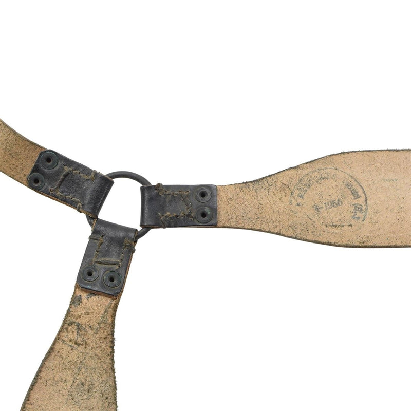 Original Austrian military leather suspender Y - strap adjustable black vintage - GoMilitar