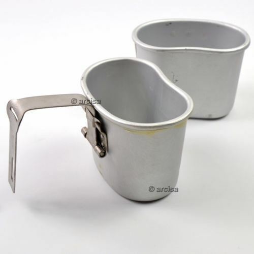 Original Belgian army aluminum canteen cup mug with handle, durable and lightweight for outdoor and military use.