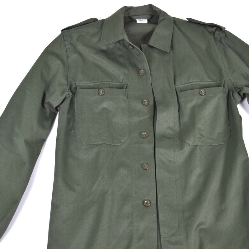 Original Belgian Army olive green field jacket with chest pockets, epaulets, and buttoned cuffs in durable cotton fabric.