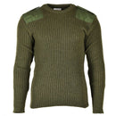 Original Belgian Army green olive wool commando jumper with reinforced shoulders, ribbed knit, and durable design.