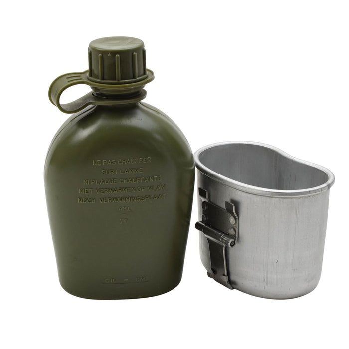 Original Belgian military 1L olive green plastic canteen with attached cap and aluminum cup with foldable handles