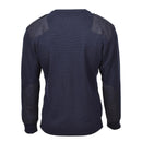 Back view of a dark blue long-sleeve shirt with shoulder pads on a white background