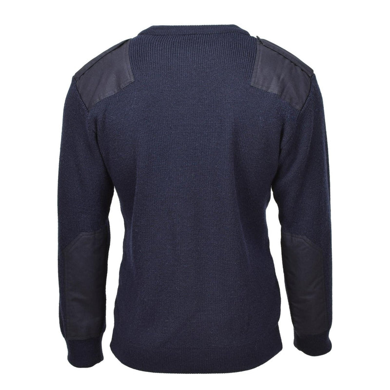 Back view of a dark blue long-sleeve shirt with shoulder pads on a white background