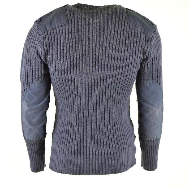 Back view of Original British Army wool Commando Jumper in blue grey with reinforced elbow and shoulder patches