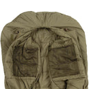 Olive green British military sleeping bag with mesh internal pockets and mummy-style insulated hood design