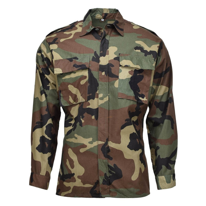 Original Croatian military woodland BDU shirt, durable cotton fabric, multiple chest pockets, long sleeve tactical design.