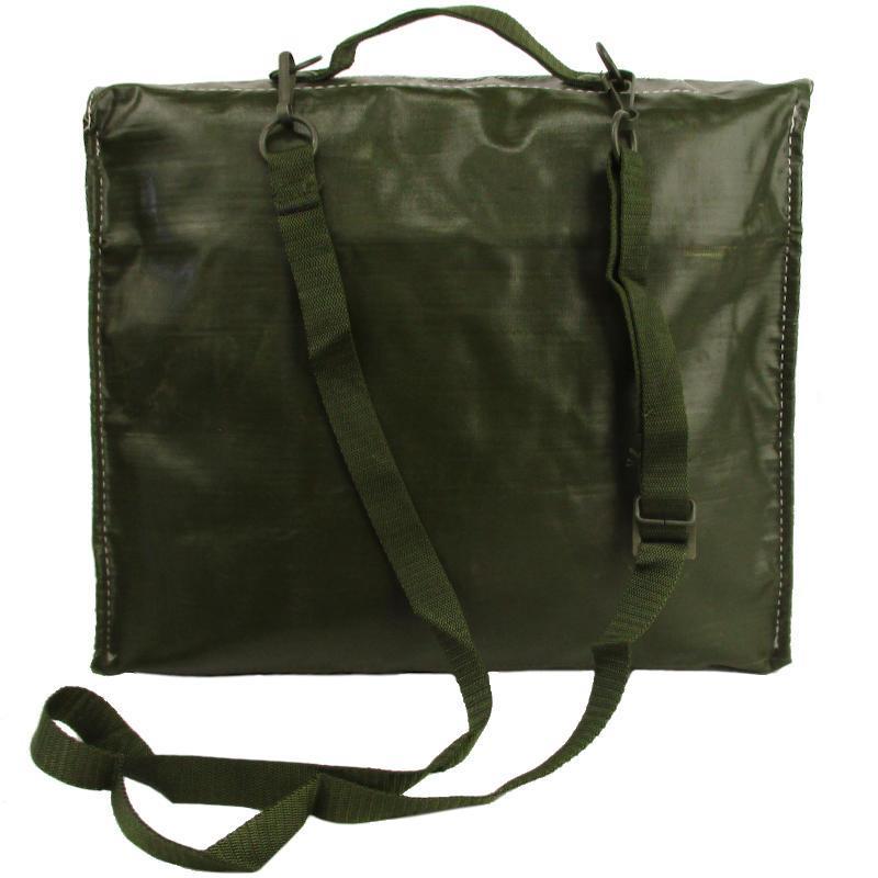 Original Czech army M85 olive drab vinyl military bread bag with adjustable shoulder strap and durable water-resistant design