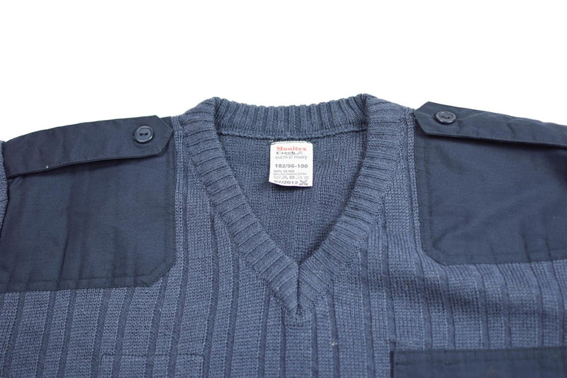 Original Czech army M97 blue wool V-neck sweater jumper with reinforced shoulders and chest pocket military surplus new