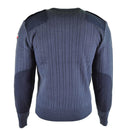 Back view of original Czech army M97 blue wool V-neck military surplus sweater jumper with reinforced patches and flag detail