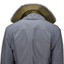 Back view of Original Czech Military M85 Field Jacket in grey with raised olive fur-lined collar, winter parka style.