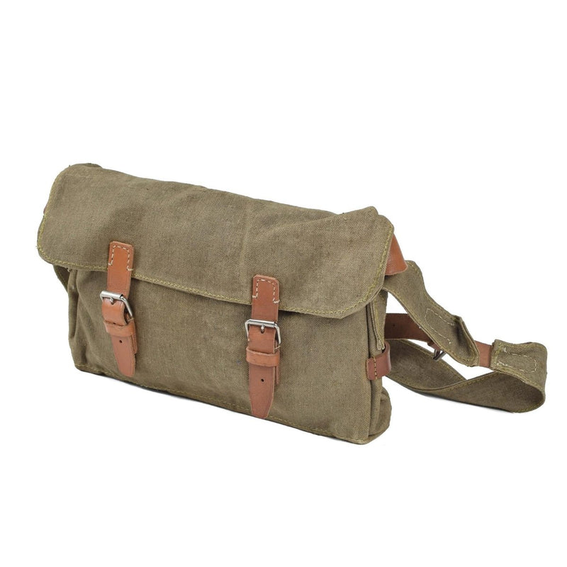 Vintage Czech military canvas shoulder bag with leather straps, sturdy and spacious for outdoor use.