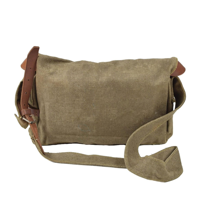 Vintage Czech military shoulder bag made of durable canvas with leather straps and a spacious main compartment.