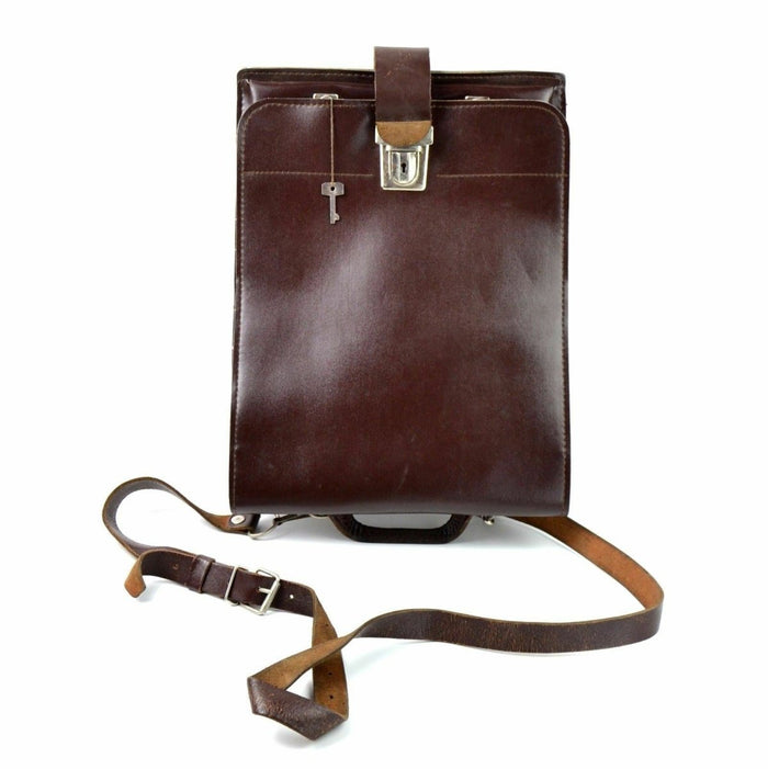 Original Czech military brown vinyl shoulder bag map and document case with metal clasp and adjustable leather strap