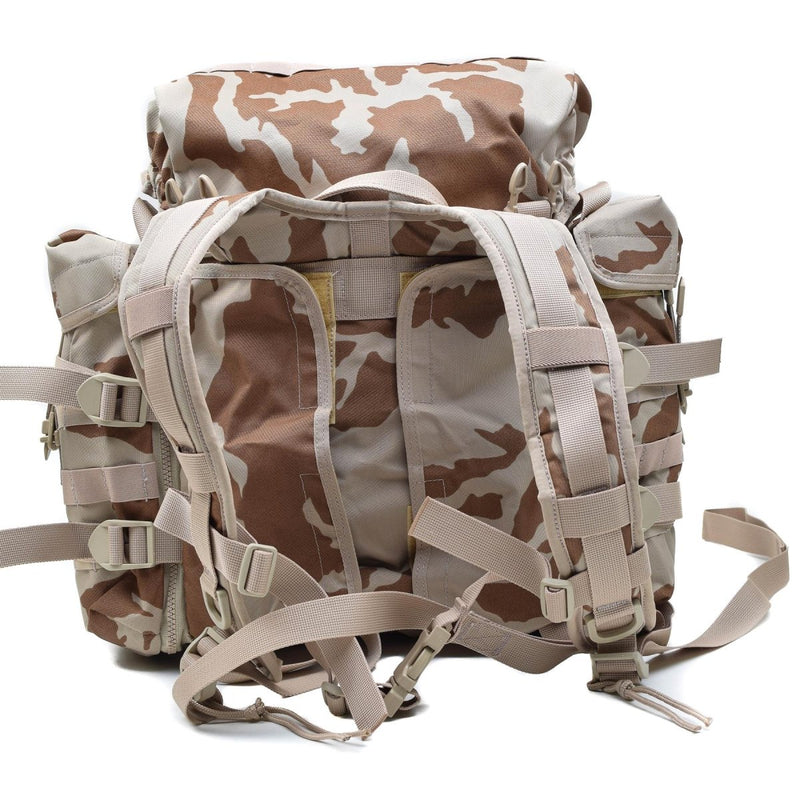 Original Czech Republic military molle backpack in desert camo with 30L capacity and quick-release straps for easy access.