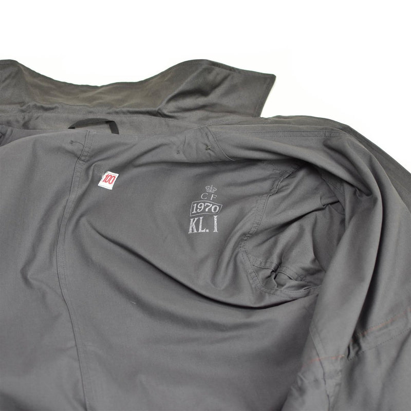 Inside view of original Danish army combat coat M71 with 1970 marking and durable cotton fabric lining