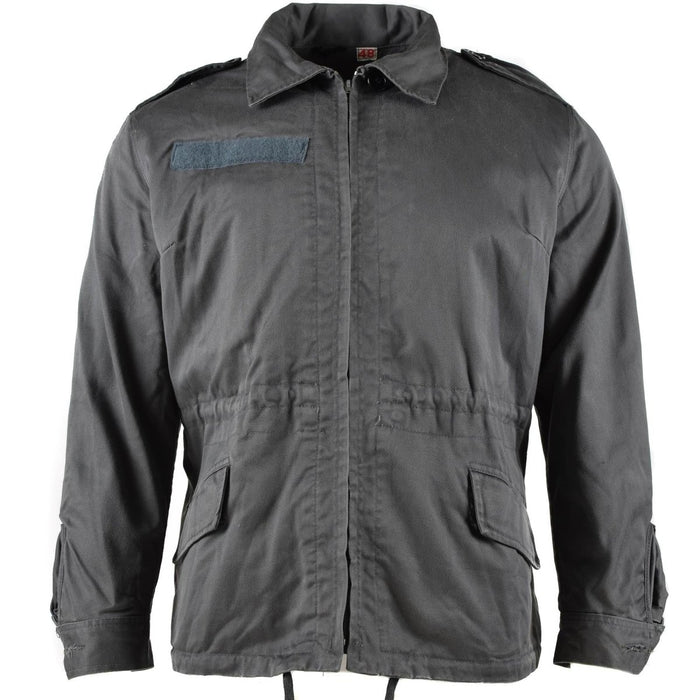 Original Danish M71 short cut military jacket in grey, durable vintage field surplus design, front pockets, zipper closure.