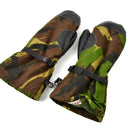 Original Dutch army DPM woodland camo mittens with leather grip, designed for warmth and durability in tactical outdoor use.