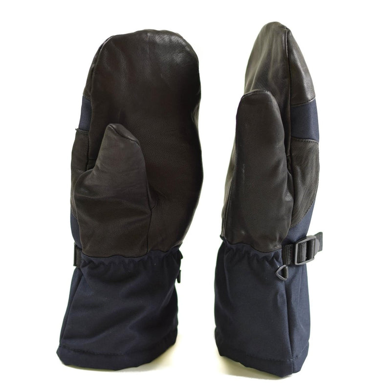Original Dutch Army navy blue mittens with leather grip and adjustable wrist, designed for extreme cold weather.