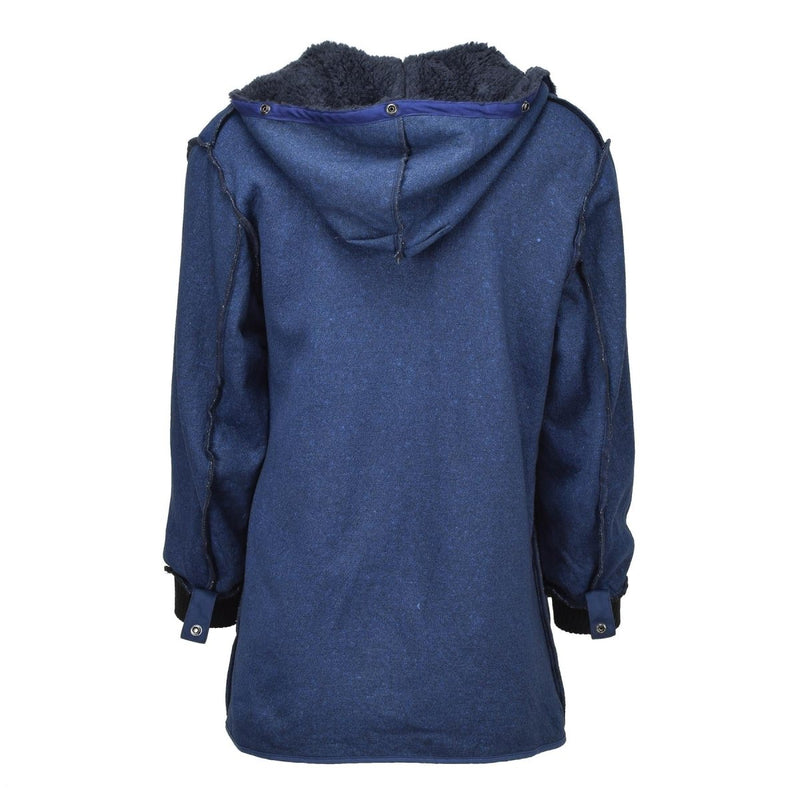 Original Dutch army parka liner with hood, navy blue, warm military winter insulation garment back view