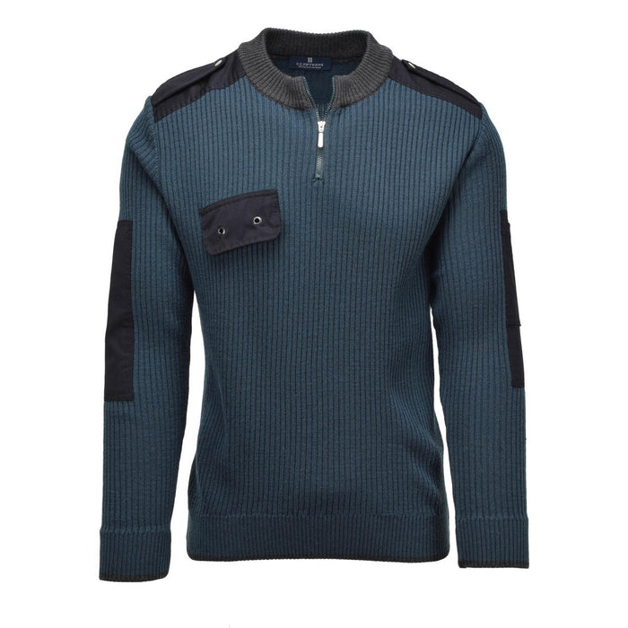 Original Dutch Army Rib Knit Sweater Quarter Zip Reinforced Elbows Petrol Green - GoMilitar