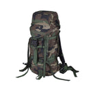 Dutch military woodland camouflage daypack backpack 40L with padded straps and quick-release buckles for hiking and camping.