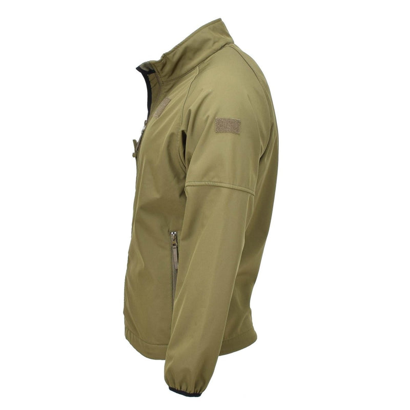 Olive green Original Dutch Military soft shell jacket with zippered pockets and vented armpits, side view on white background
