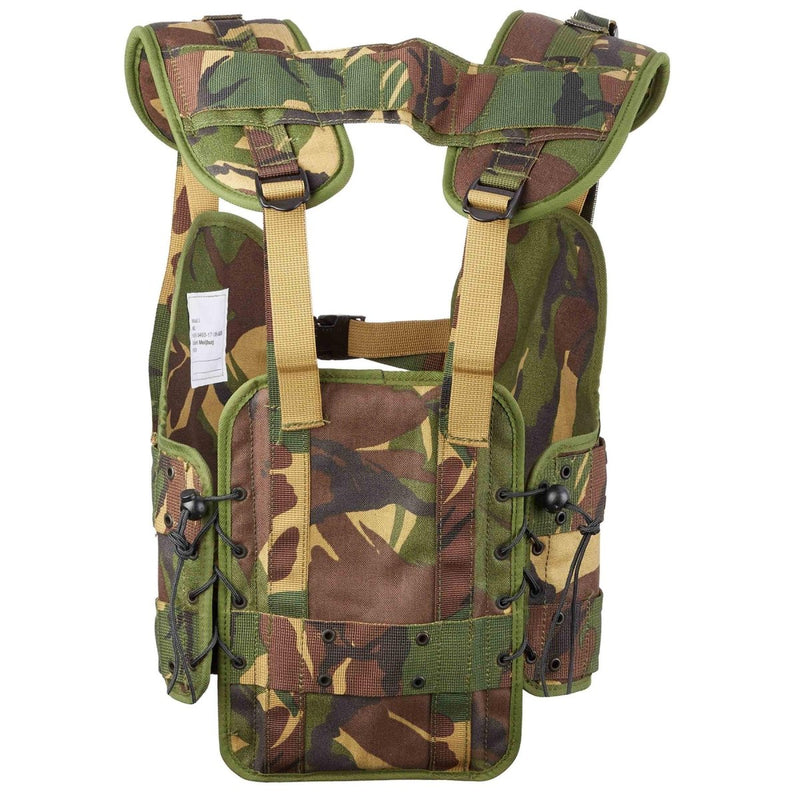 Original Dutch military tactical vest with woodland camouflage and Alice clip pouches for secure gear storage and quick access