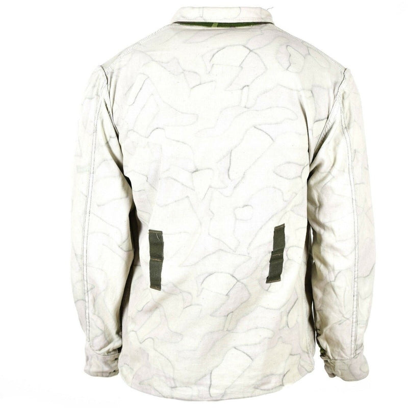 Reversible Finnish M62 army camo jacket in white winter pattern, durable wool blend, large size, back view.