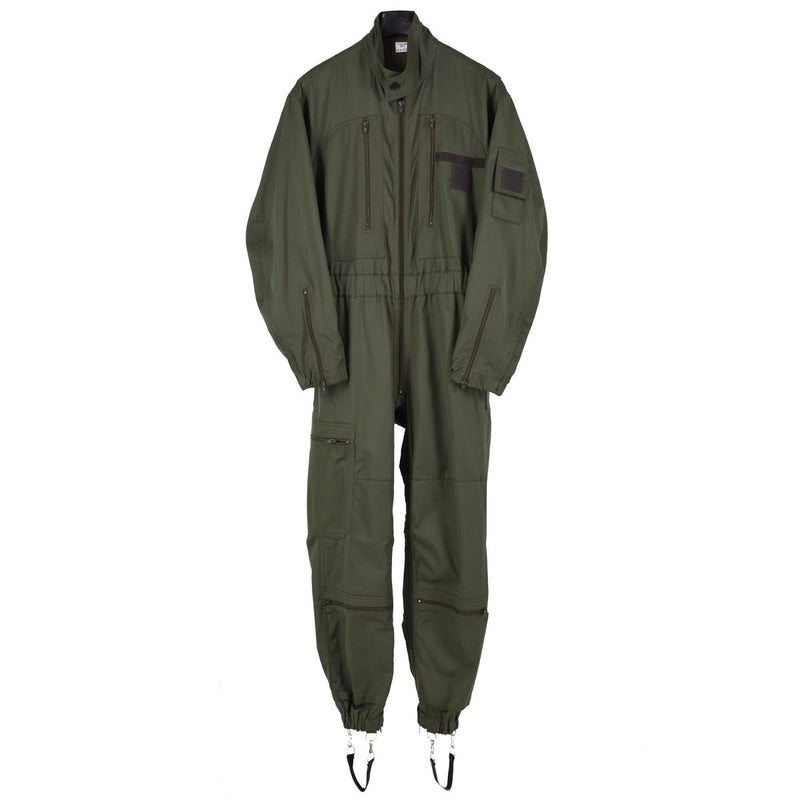 Original French Air Forces F2 flight suit in durable olive green fabric with multiple zipped pockets and adjustable waist.