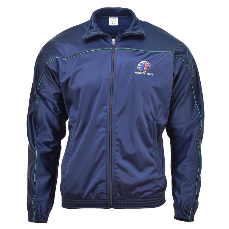 Original French army blue tracksuit sports jacket with full zip, elastic cuffs, and breathable lightweight fabric.
