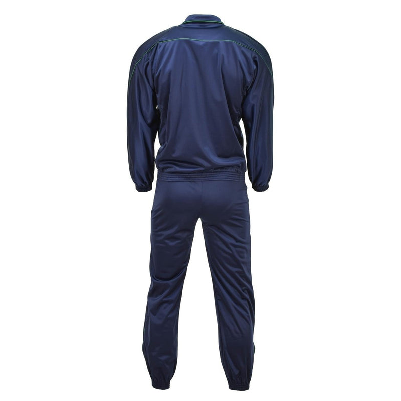 Back view of navy blue original French Army training tracksuit pants and jacket with elastic cuffs and waistband