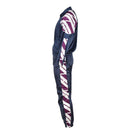 Side view of original French military school sweatpants with striped vintage design on navy blue fabric